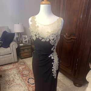 Nude lace and black evening dress